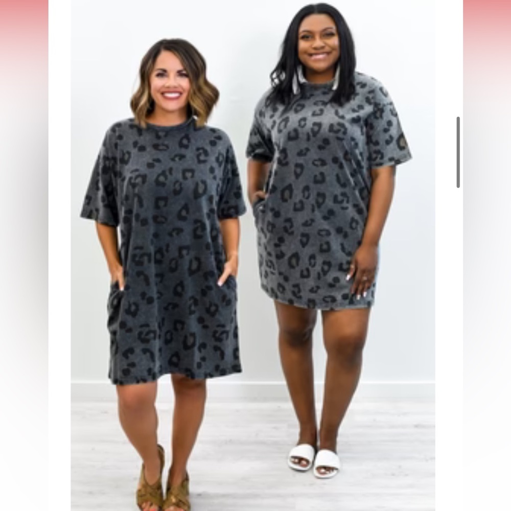 Plus Size Leopard Print T Shirt Dress w Pockets Casual Gray 1X